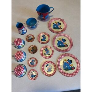 Vintage Tin Litho Toy Tea Set Blue Polka Dot Dog Red Gingham Mid Century 15pc